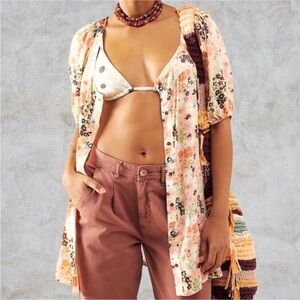 Free People Tunic Dress XS Mini Floral Button Down Puff Sleeve Viscose  NWT